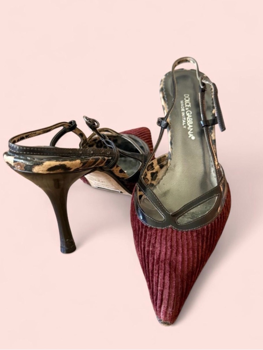 Dolce & Gabbana Burgundy Corduroy and Black Pointed Slingback Heels - Picture 3 of 4